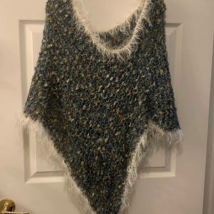 HANDMADE KNITTED SHAWL/PONCHO MARBLED BLUE/GOLD/GRAY…OSZM EYELASH TRIM
